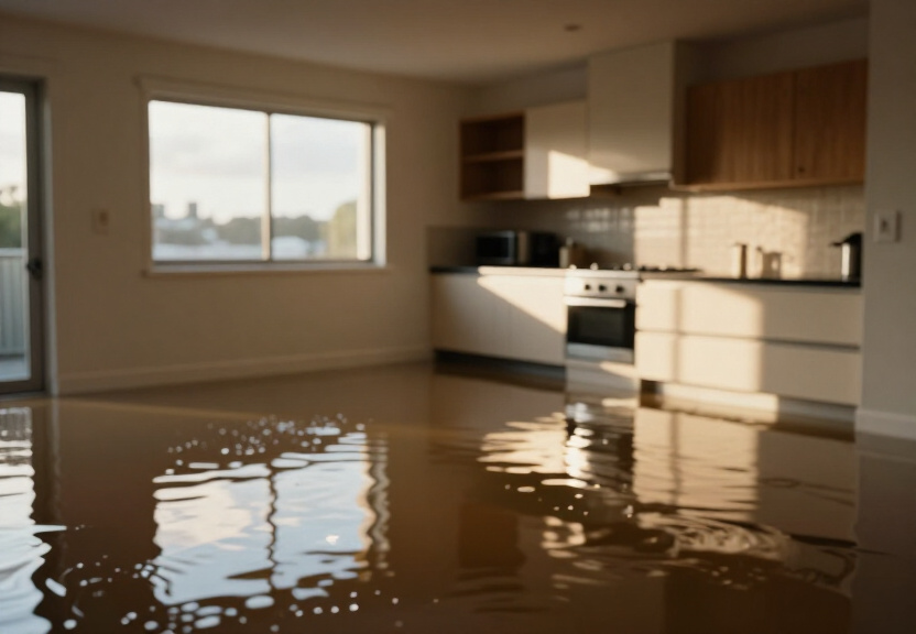 Flooded warehouse in Shanes Park before cleanup